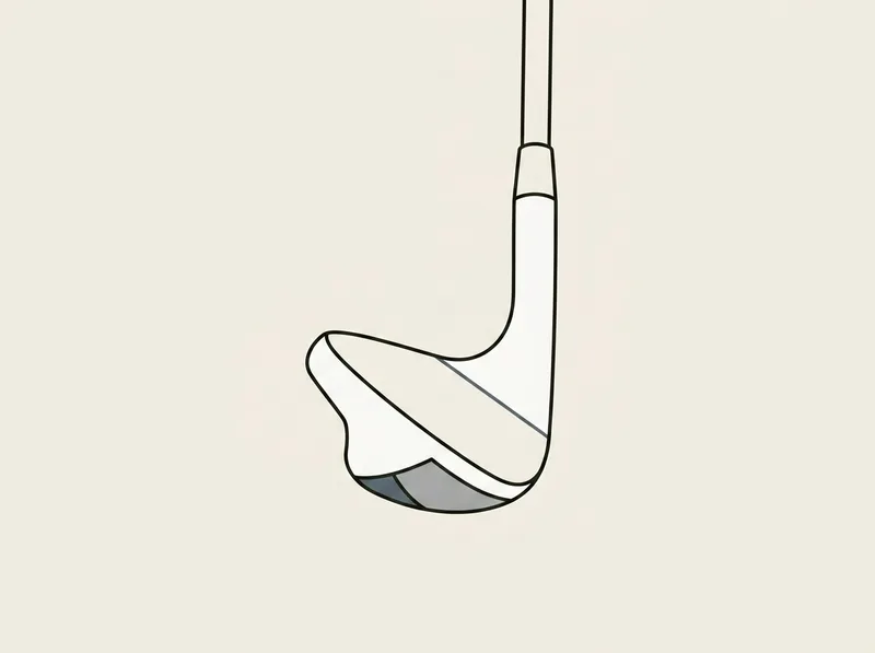 Illustration of a golf wedge head with a wide sole ground away at the heel and trailing edge