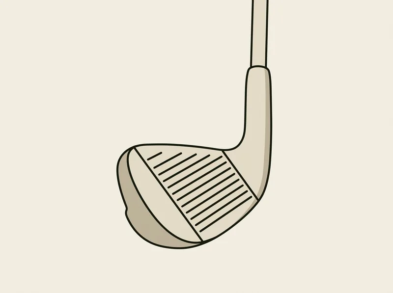 Illustration of a golf hybrid club head standing with its grooved face toward the viewer