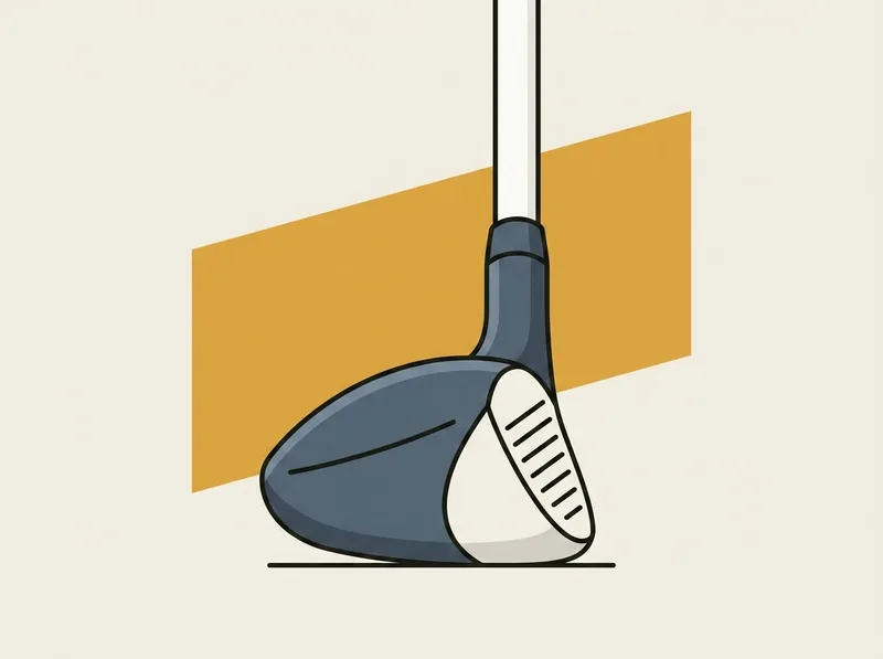 Illustration of a golf hybrid club head resting on its sole with the grooved face turned toward the viewer