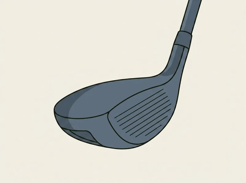 Illustration of a golf hybrid club head seen from three quarters, showing the smooth rounded crown and the grooved face