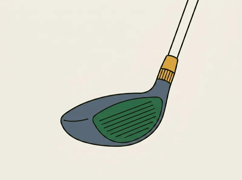 Illustration of a golf hybrid club head standing upright with the scored face toward the viewer and an adjustable hosel sleeve at the heel