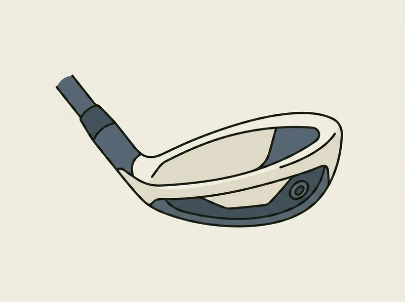 Illustration of a golf hybrid club head seen from below and behind, showing the wide sole and a round weight port set into it