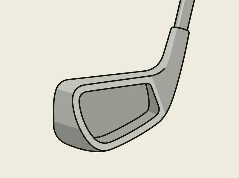 Illustration of a golf iron with a large hollow hybrid-style head seen from three quarters