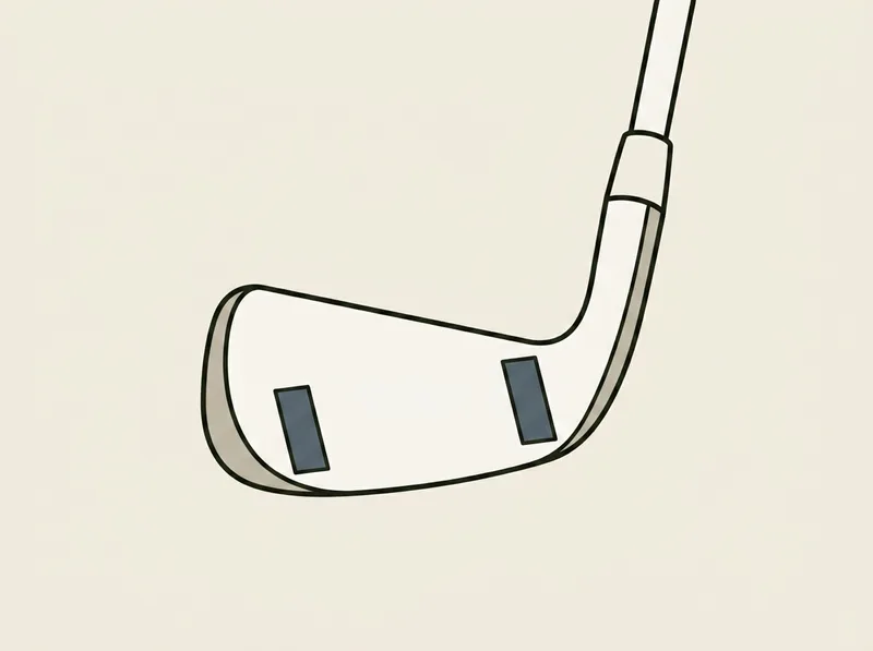 Illustration of a golf iron head with dense weight blocks set into the heel and toe of the sole