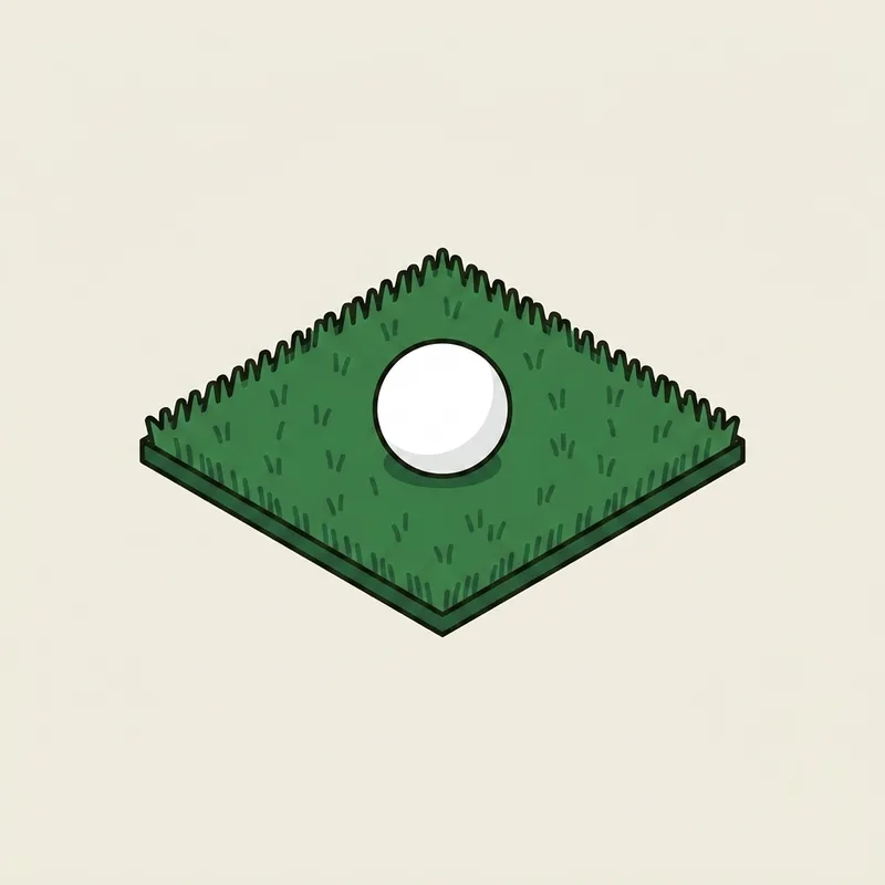 A golf ball resting on a small square artificial turf hitting mat