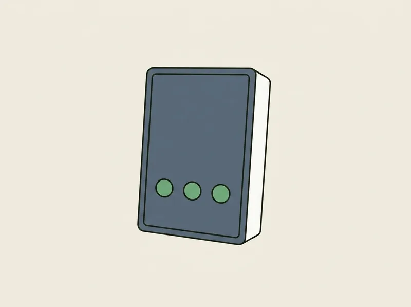 Illustration of a small rectangular golf launch monitor with three round camera lenses across the front
