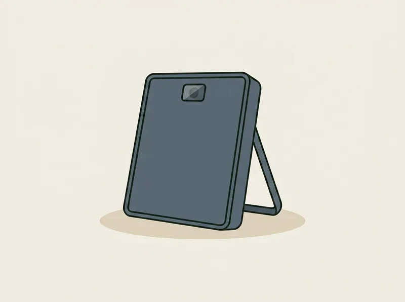 Illustration of a slim rectangular golf launch monitor radar unit with a plain front panel and a folding stand