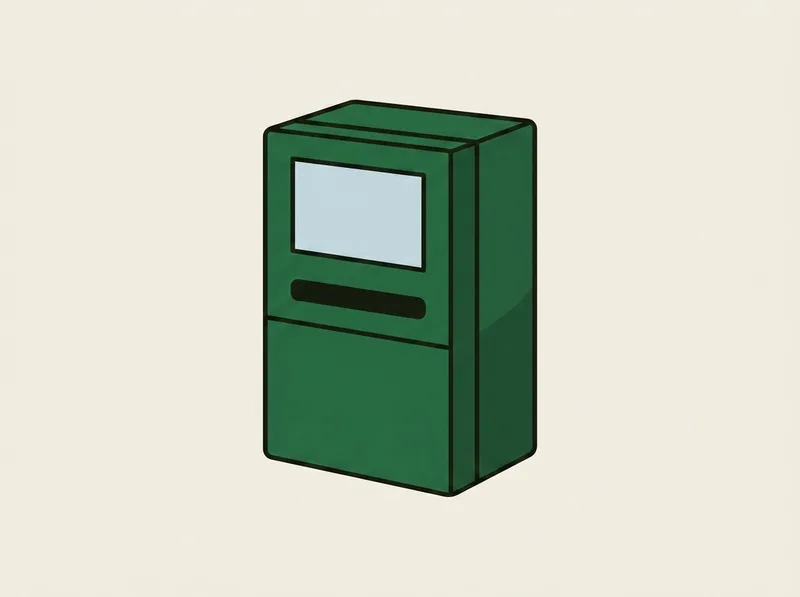 Illustration of a boxy golf launch monitor with a small rectangular screen set into one panel