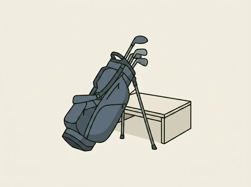 Illustration of a golf bag holding clubs standing beside a low display table