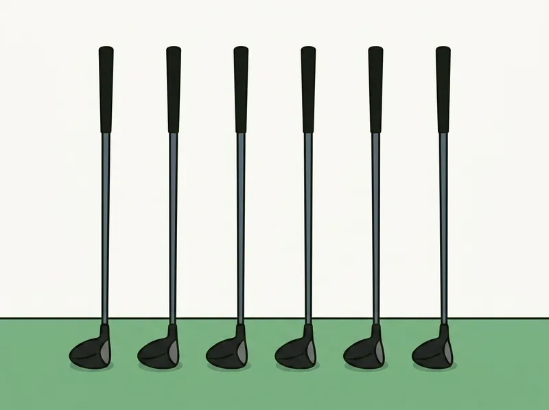 Illustration of several golf clubs standing upright in a row against a plain wall