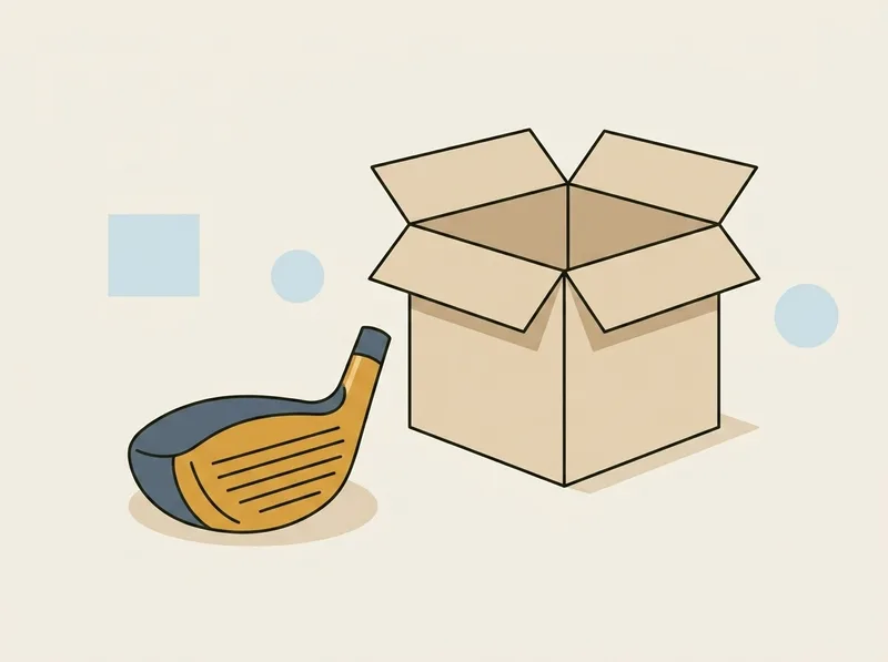 Illustration of a golf club head resting beside a plain opened cardboard box
