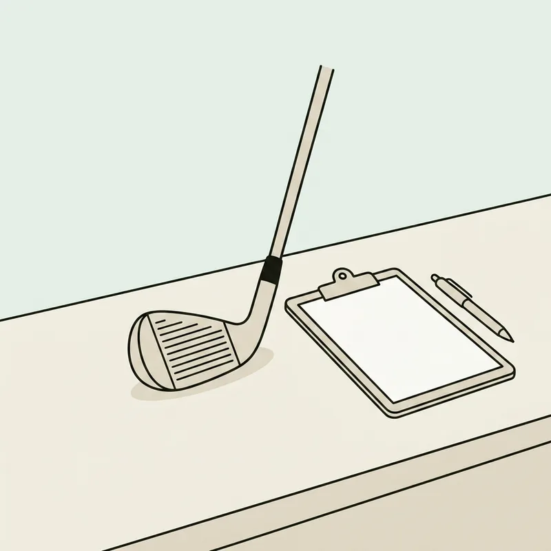 A golf iron head resting on a plain shop counter beside a clipboard and pen
