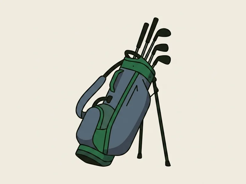 Illustration of a golf bag holding a handful of clubs standing in a small shop