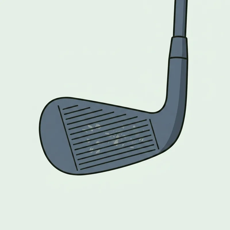A golf iron face turned toward the viewer with a scatter of faint contact marks across the grooves