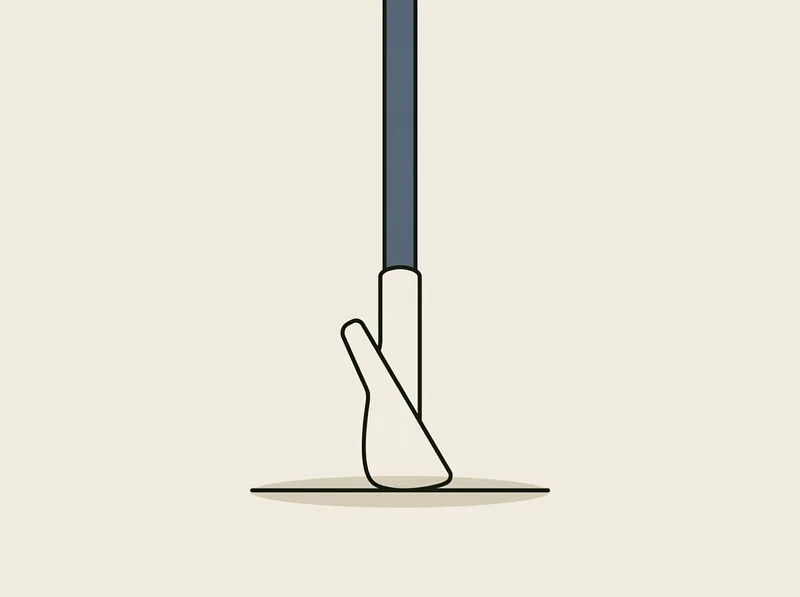 Illustration of a compact golf iron head resting on a flat surface on a very narrow sole