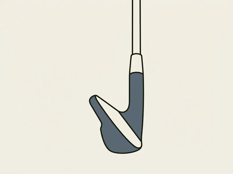 Illustration of a compact golf iron head seen from three quarters with a thin top line and short blade length