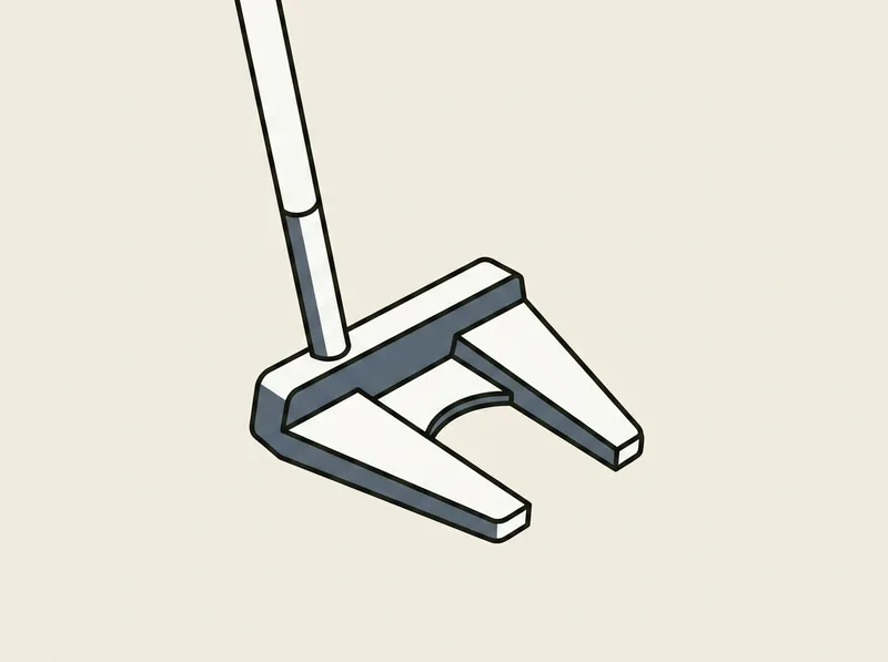 Illustration of a putter head with two prongs reaching back from the face on either side