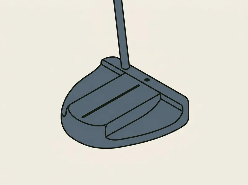 Illustration of a wide mallet putter head with a single long alignment line and a small dot on the top rail