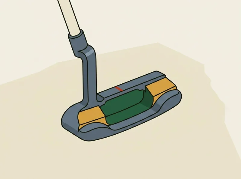 Illustration of a compact heel and toe weighted putter head with a bent crank neck