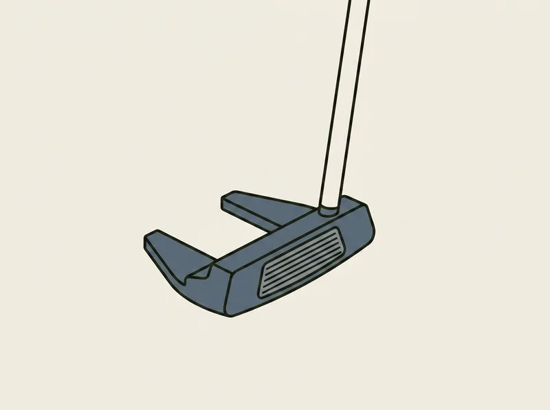 Illustration of a milled metal putter head with a wingback mallet shape