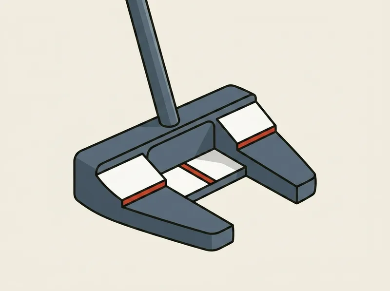 Illustration of a wide square-backed mallet putter head with two thick wings reaching back from the face