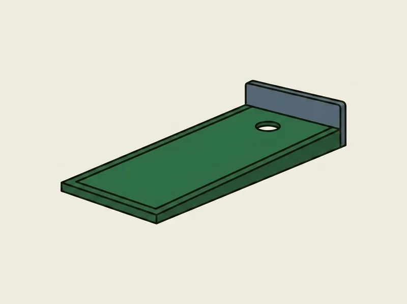 Illustration of a putting mat on a low raised platform with a hole near the far end and an upright barrier standing behind it