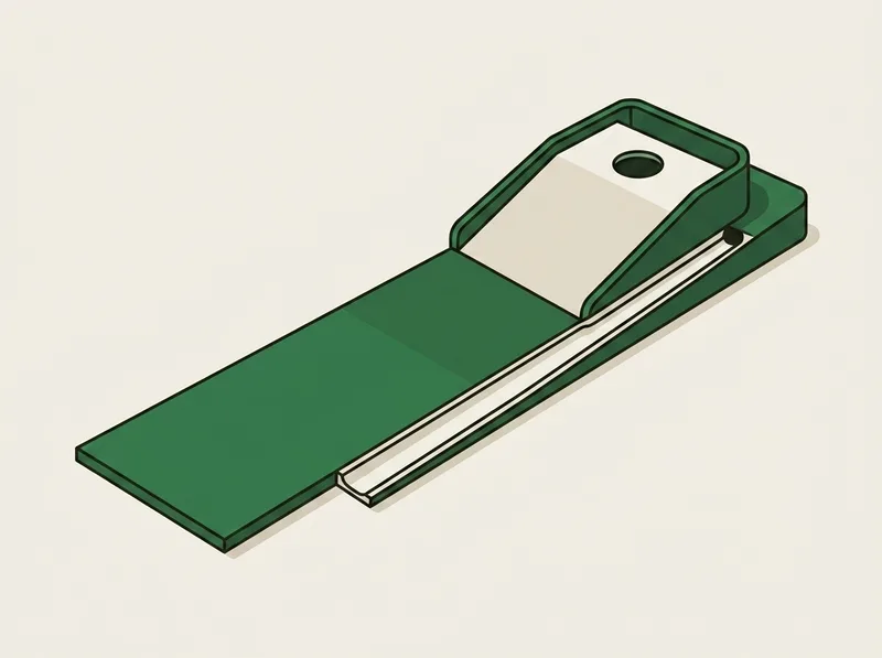 Illustration of a putting mat seen from above with a cup at one end and a return channel