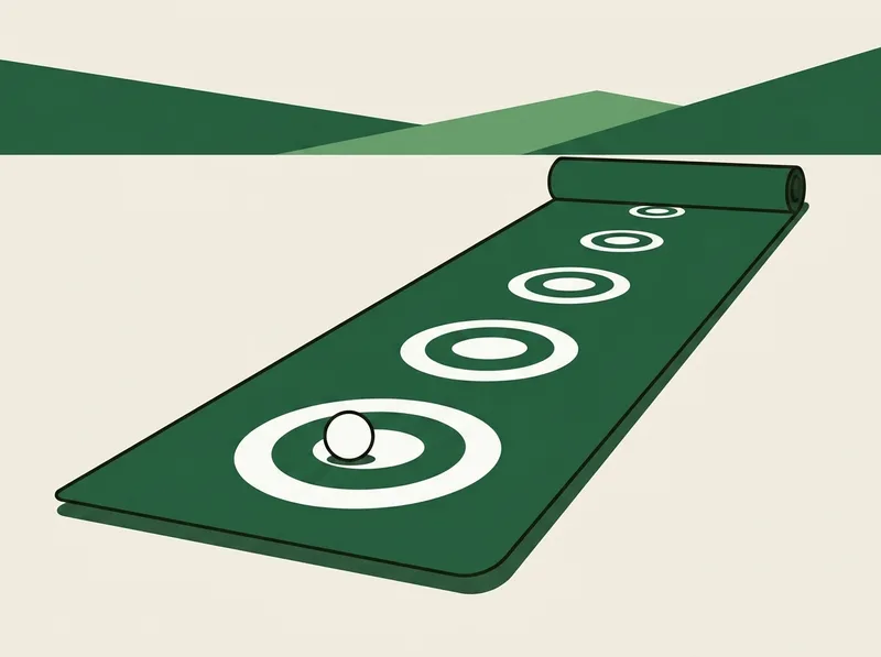 Illustration of a long narrow putting mat unrolled flat with circular targets printed along it