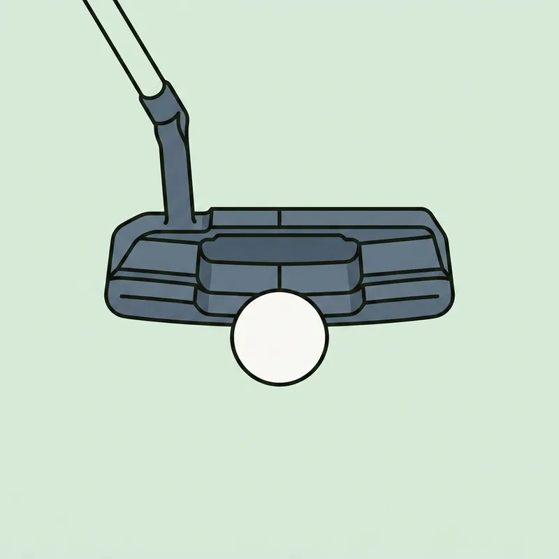 A mallet putter head with a golf ball resting in front of the centre of the face