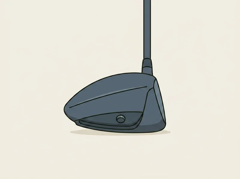 Illustration of a golf driver head seen from behind, with a small round weight set into the rear of the sole