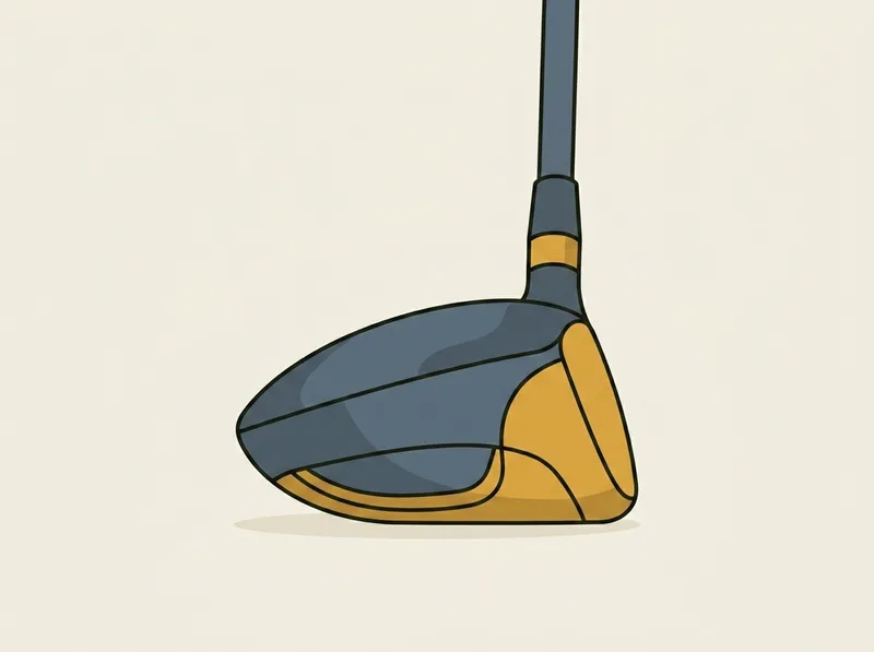 Illustration of a golf driver head seen from the heel side, the hosel and lower shaft prominent