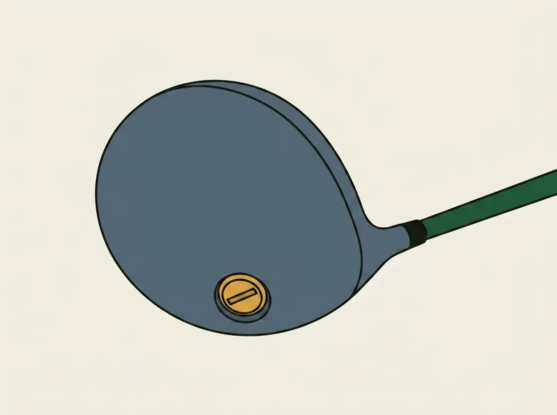 Illustration of a golf driver lying with its sole facing the viewer, a large round weight near the trailing edge