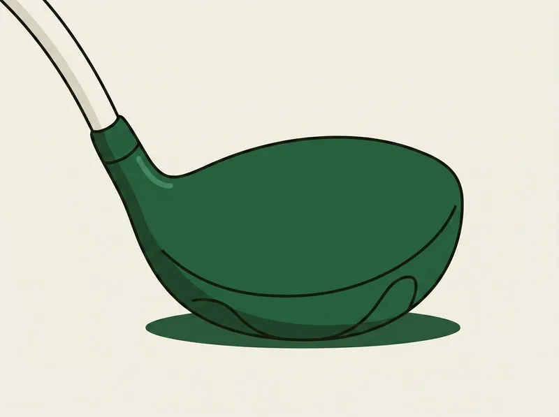 Illustration of a large golf driver head seen from three quarters behind and slightly above, crown filling the shape