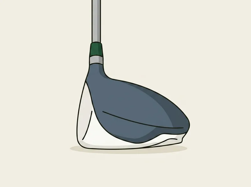 Illustration of a golf driver head resting on its sole seen from the toe end, the face edge-on