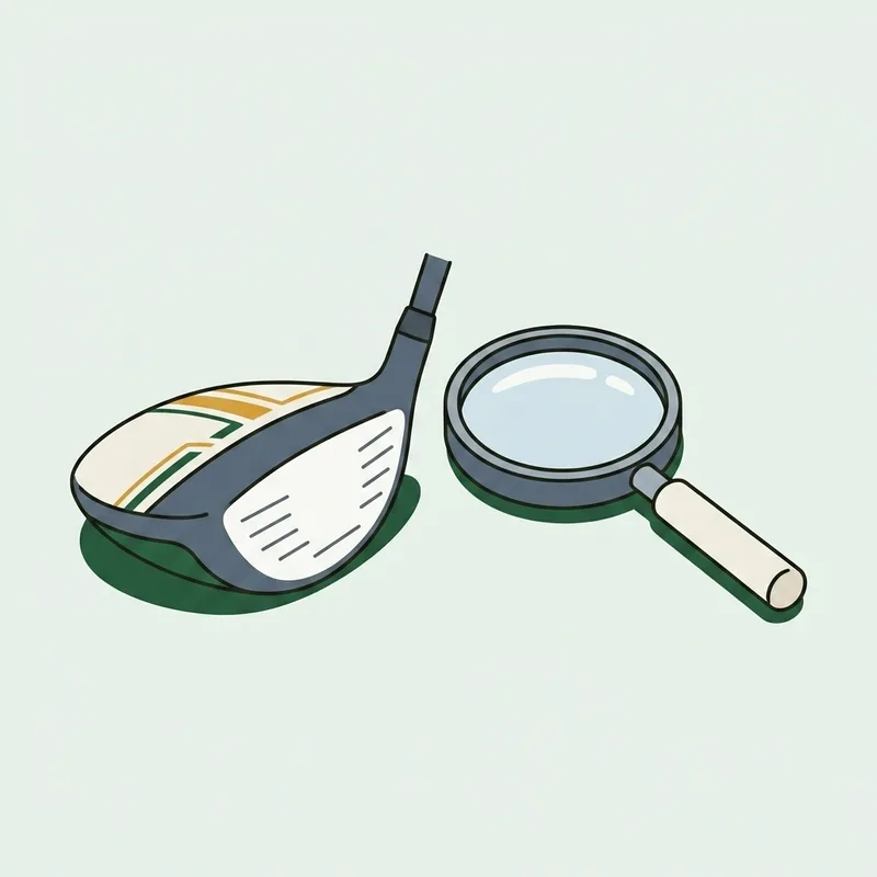 A golf driver head lying on its side with a large magnifying glass resting beside it