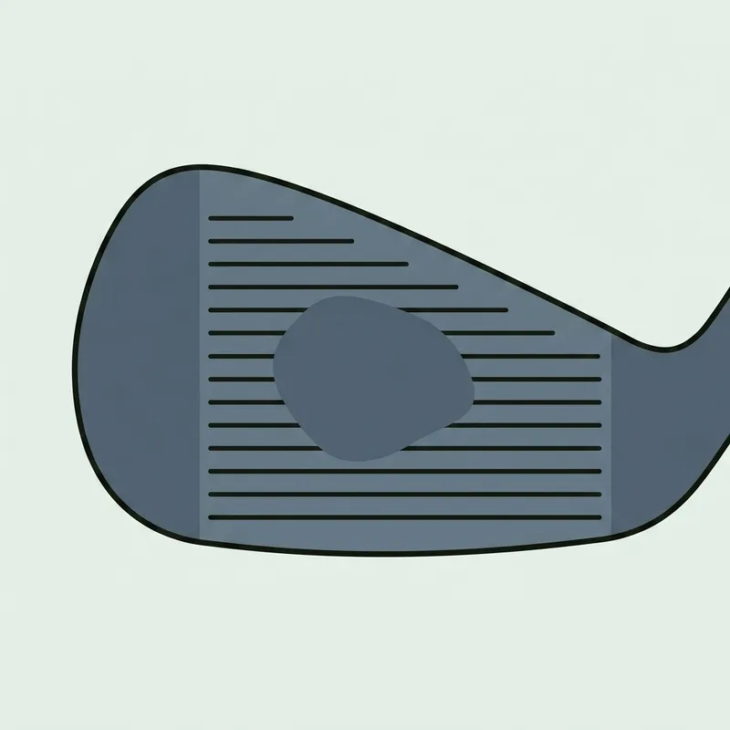 Illustration of an iron club face in close up with grooves interrupted by a smooth worn patch