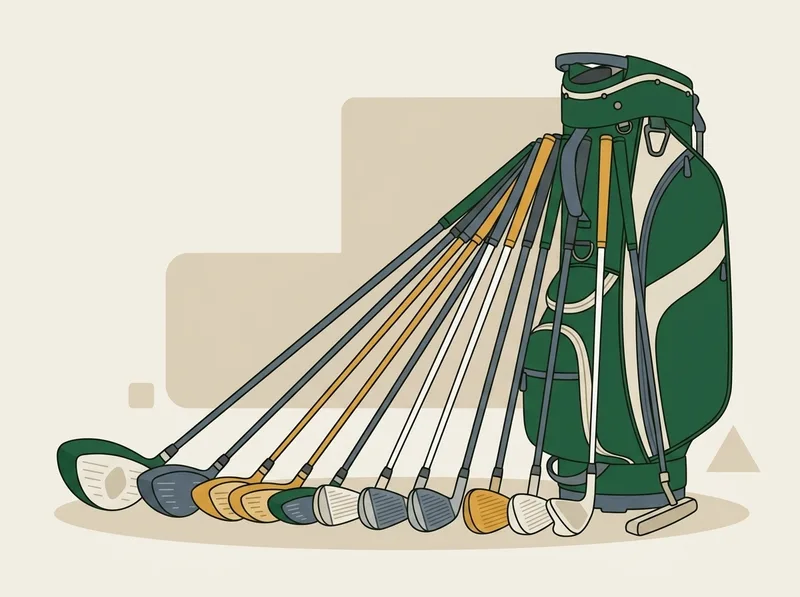 Illustration of a complete golf set fanned out in front of an upright golf bag