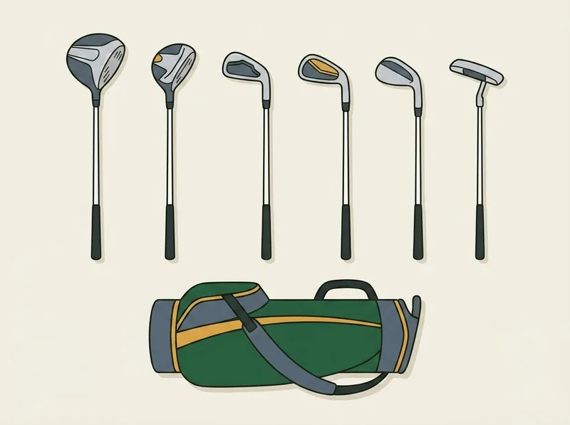 Illustration of a six club half set laid out beside a carry bag