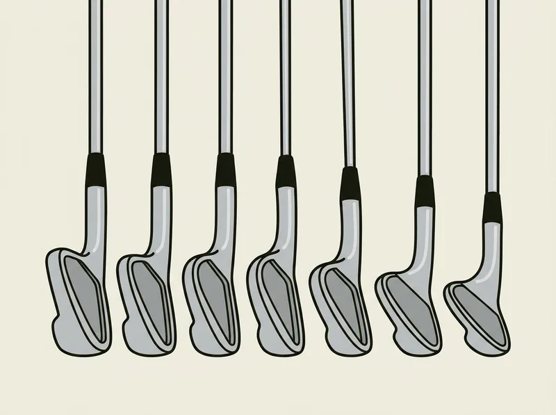 Illustration of seven matched cavity back iron heads standing in a row
