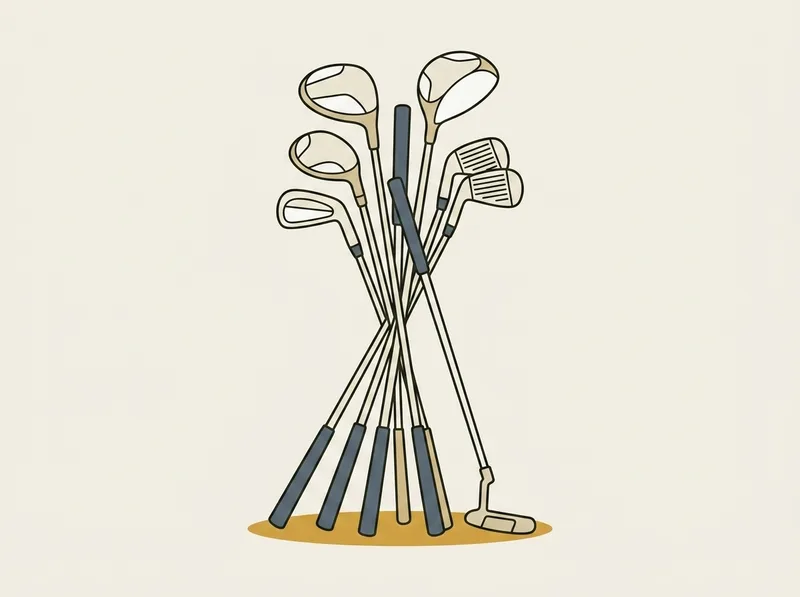 Illustration of golf clubs from different sets leaning together in a loose bundle