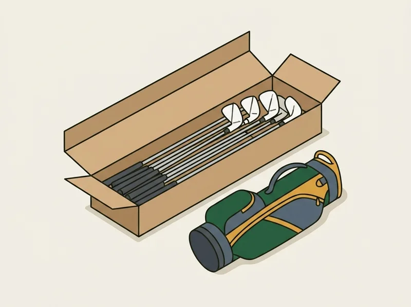 Illustration of an opened delivery box holding a wrapped full set of golf clubs beside a stand bag