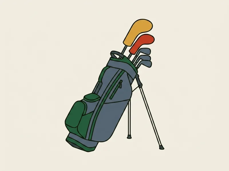 Illustration of a golf stand bag on fold out legs holding irons and two covered woods