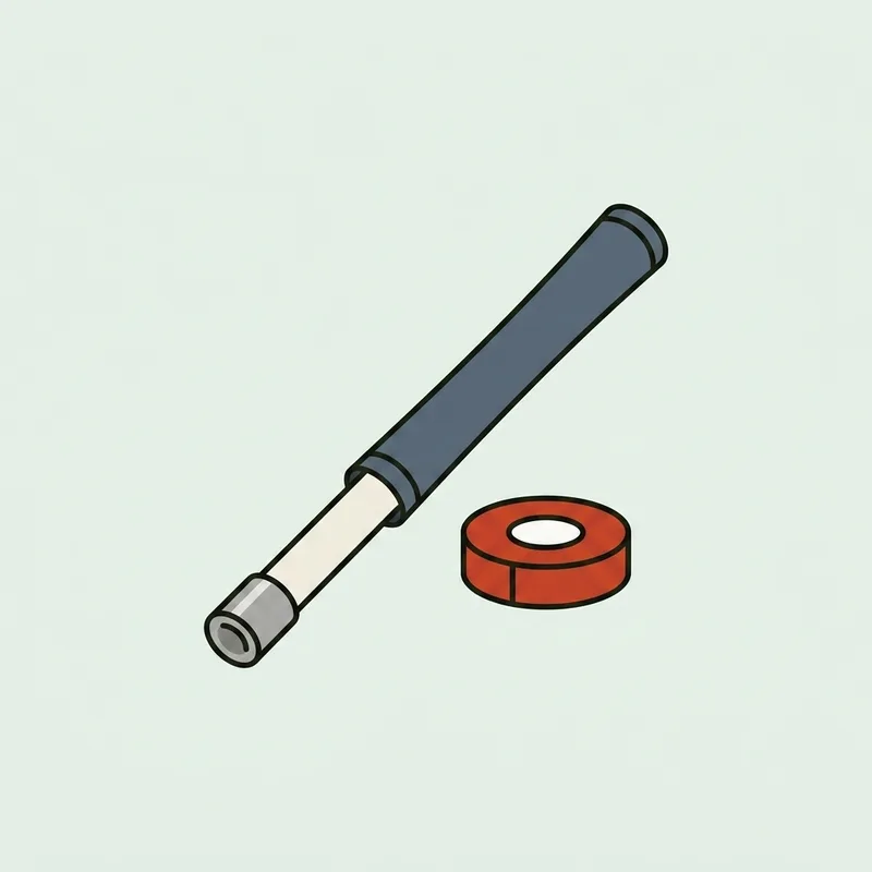 A golf grip sliding halfway onto a bare shaft beside a roll of tape