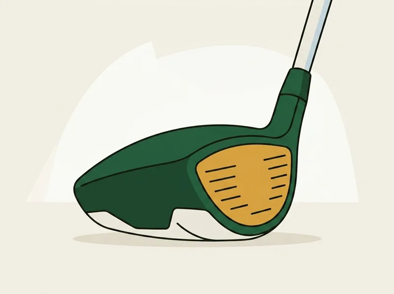 Illustration of a golf driver head at address seen from behind and slightly toward the heel