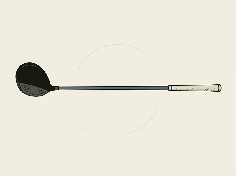 Illustration of a complete golf driver in side view, with an oversized head and a long thin shaft