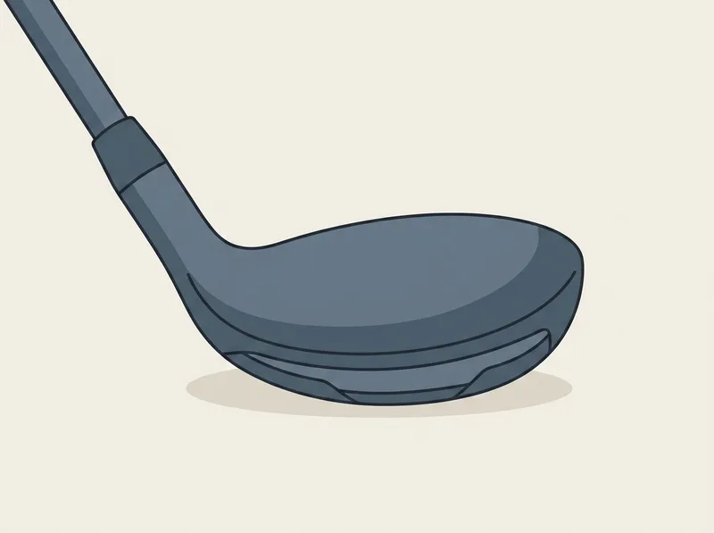 Illustration of a golf hybrid club head seen from three quarters front with face and crown visible