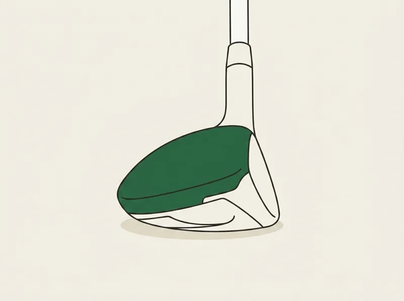 Illustration of a golf hybrid club head resting on its sole at address, seen from behind