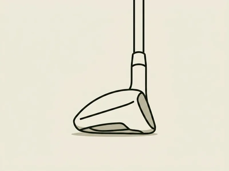 Illustration of a golf hybrid club head in side profile showing its shallow face and low rounded back