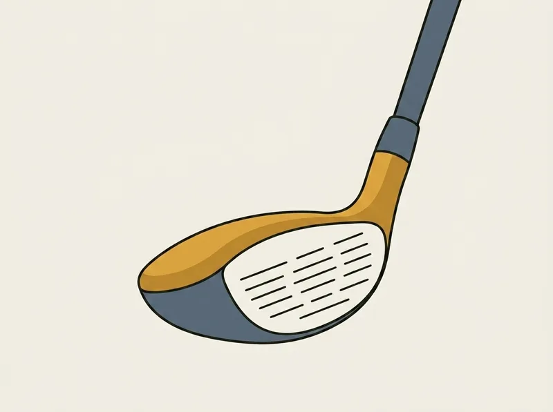 Illustration of a golf hybrid club head with its shallow scored face turned square to the viewer