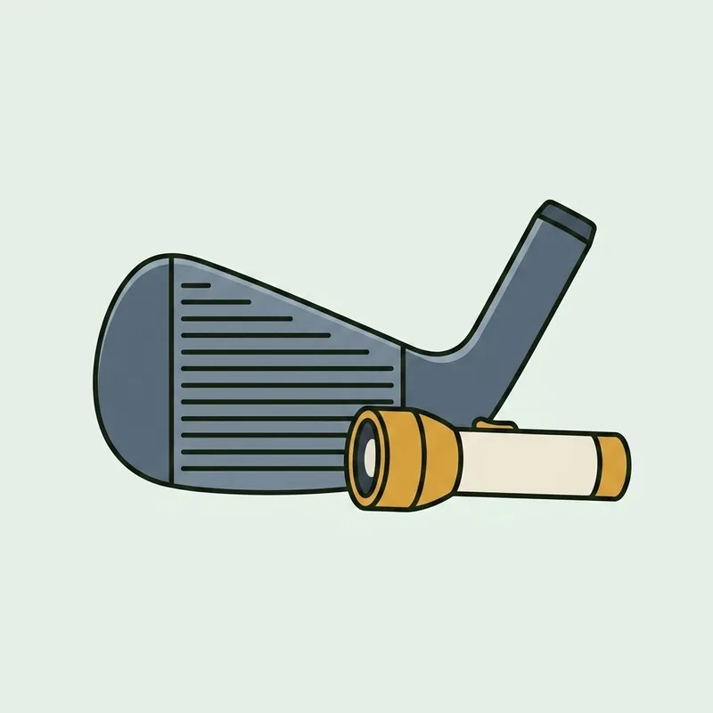 An iron clubhead lying face up beside a small handheld torch